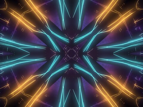 Symmetrical neon lights abstract kaleidoscope pattern
