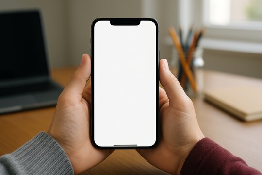 Close-up of hands holding smartphone with blank screen in modern workspace background, showcasing technology usage concept in daily life setting. Ai generative - Powered by Adobe