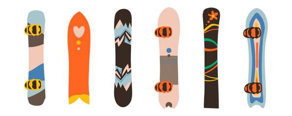 Snowboards set Sleek, Flat Boards Designed For Gliding On white background. Vital Tools For Thrilling Winter Sports mountain activities ,winter sport dynamic winter action and outdoor fun.