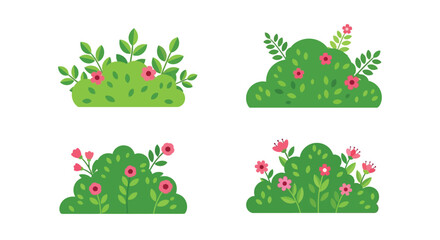 Four stylized green bushes with pink flowers a simple botanical illustration