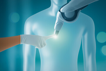 A futuristic scene showing a robotic arm interacting with a human figure, symbolizing advancements in technology and healthcare.