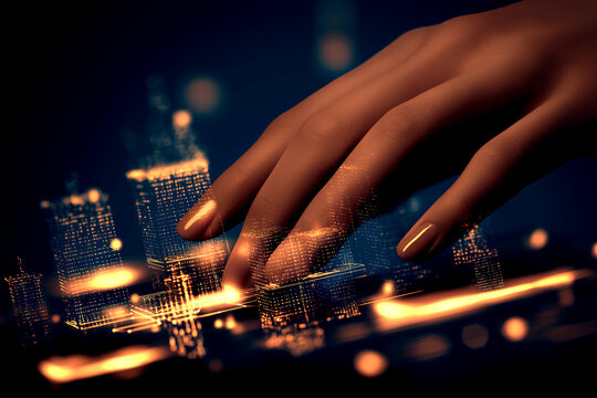 A hand interacts with a glowing, digital cityscape, symbolizing technology and innovation in urban development.
