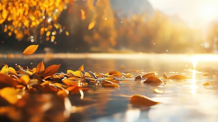 Autumn background. Golden colorful autumn leaves float gently on serene lake as sunlight sparkles on water surface during tranquil fall afternoon