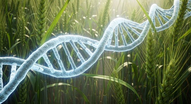 Glowing blue DNA helix structure winding through a vibrant green wheat field. Agricultural biotechnology and crop enhancement. Genomic research for sustainable farming and food security.