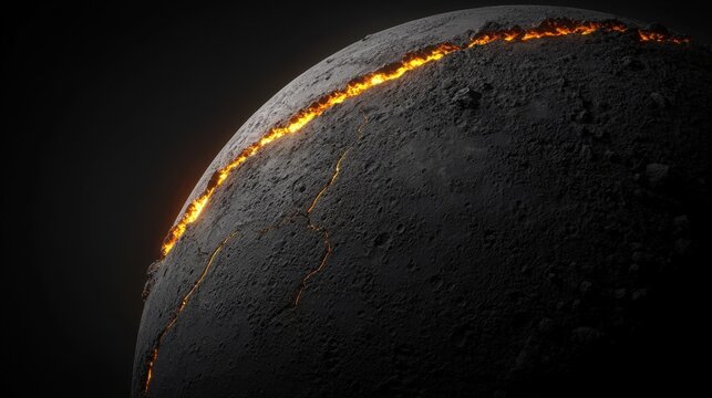 Dark planet with fiery cracks glowing in the background during a cosmic event