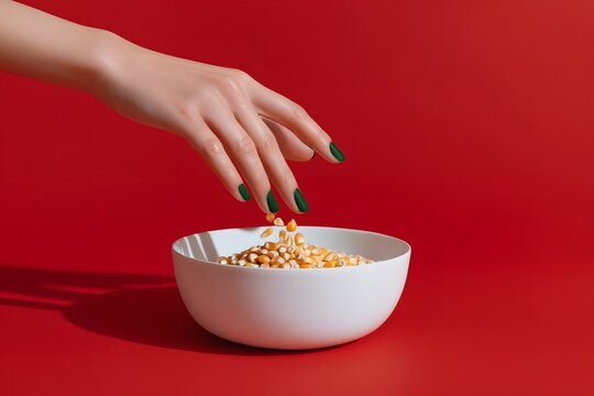 Hand with green nails adding popcorn kernels into a white bowl on red background