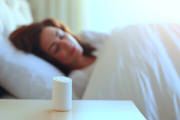 A serene bedroom scene featuring a sleeping woman, with a small device on the bedside table, suggesting a focus on relaxation or sleep enhancement.