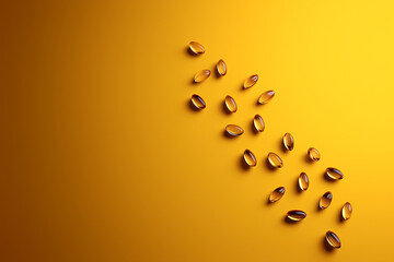 A vibrant arrangement of pistachio nuts scattered across a bright yellow background, creating a playful and colorful visual contrast.