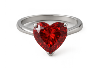 Silver ring with a sparkling red heart-shaped gemstone, symbolizing love, romance, and an engagement proposal