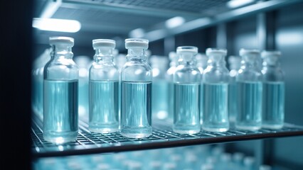 Rows of Blue Liquid Vials in Lab Setting