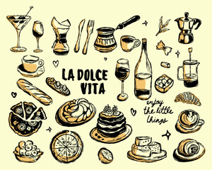 Hand draw retro la dolce vita breakfast or brunch doodles. Vector illustration of food and coffee sketch in ink drawing style editable