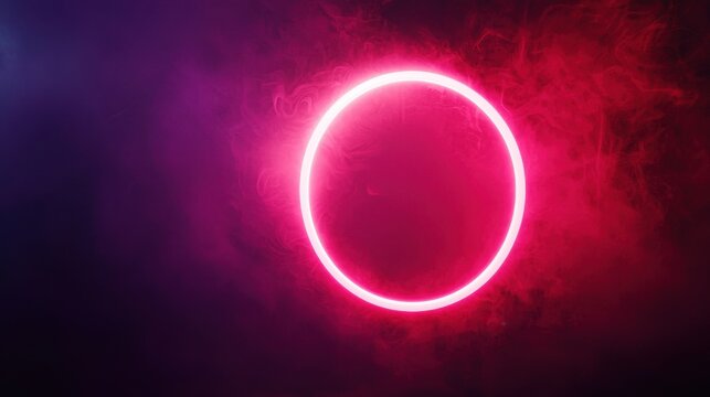 Red neon light ring with smoke on dark background. Luminous led circle with fog on black. Laser glow round frame with smoke effect. Abstract electric futuristic portal template for design or game