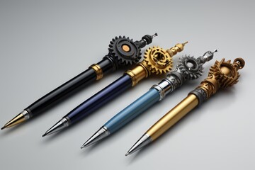 Custom mechanical pens featuring intricate gear designs and metallic finishes on a light background