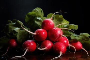 Bright red radishes with green leaves stacked on a dark background