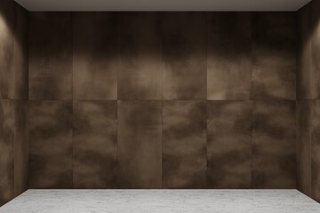 Empty bathroom with metallic textured tiles and a white floor. Room with a ceramic background. Bathroom interior with marble tiles. Metal.