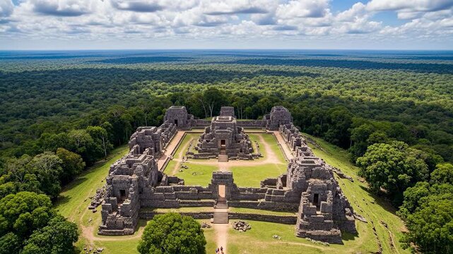 Aerial view of the ancient Mayan ruins of Calakmul, a UNESCO World Heritage site in the heart of the Calakmul Biosphere Reserve, Campeche, Mexico.