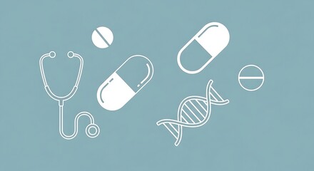 Monochromatic palette design with white medical icons (stethoscope, pill capsule, DNA helix)