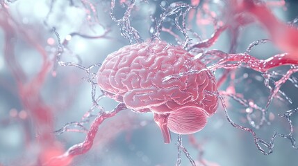 A stylized 3D visualization of a human brain suspended in a translucent neural environment, surrounded by intricate networks of neurons and synapses