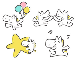 元気でかわいいポーズの白馬のセット　音符・星・風船・仲良し