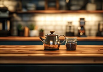 3D render of a kitchen counter with a coffee pot and glass jar on the table, blurred background