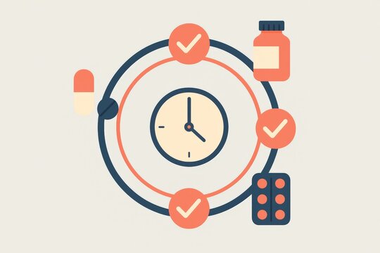 Circular Time Management System Featuring Pill Bottles Tablets and Timely Checkmarks Signifying Medication Adherence and Scheduling captured with clarity