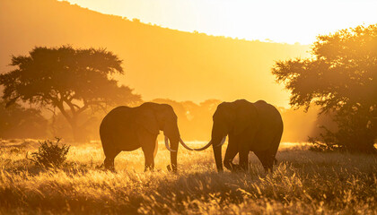 Obraz premium Elephant silhouette against sunset in savanna