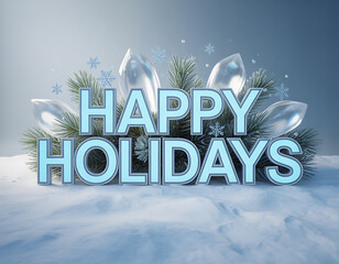 Glowing blue neon happy holidays text surrounded by frosted pine branches and snow