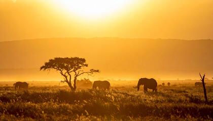 Obraz premium Elephant silhouette against sunset in savanna