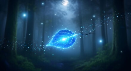 Magical blue glowing leaf floating through a dark, foggy forest at night. Mysterious nature and ethereal light. Illuminated plant part surrounded by bright sparkling particles and mist.