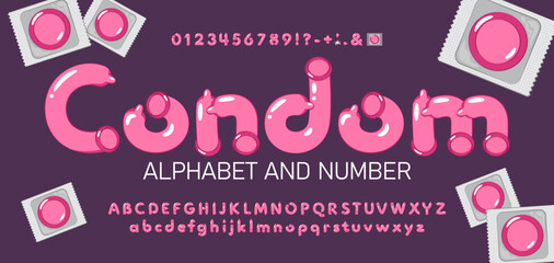 Condom Font Alphabet. Realistic cartoon Latex Letters in Contraceptive Style.  Typography for Health Posters, Awareness Campaigns, Medical, Erotic, and Educational Design Projects