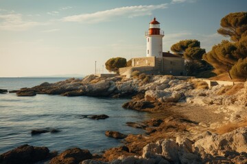 Lighthouse standing on a sunlit rocky coast with calm sea and blue sky