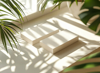 Two business cards in a white interior with shadows Mockup. Generative ai