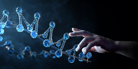 Man hand touching DNA digital hologram on dark blue background. Generative ai DNA