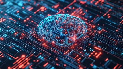 3D rendering of a digital brain with glowing circuit lines and data streams