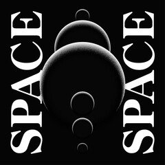 Black and White Cosmic Spheres Illustration – Abstract Space Design with Gradient Planets and Bold Typography