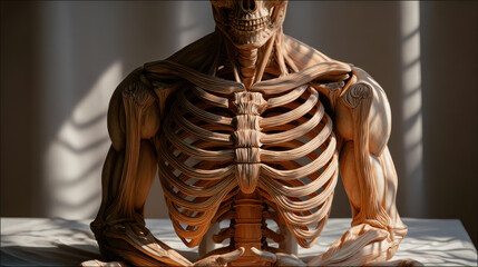 Detailed wooden anatomical model showcases body alignment in nature, emphasizing intricate structure of human skeleton