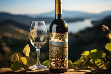 Wine bottle with artistic label and empty glass on wooden surface with vineyard lake view