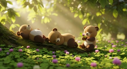 Three charming teddy bears napping on a mossy log in a sun-drenched forest. Peaceful rest, nature, and childhood dreams. Fluffy toys sleeping among pink clover in a magical, warm environment.