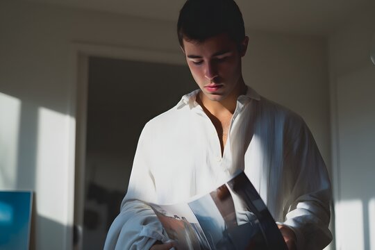 Young man looks through pages of book while standing indoors