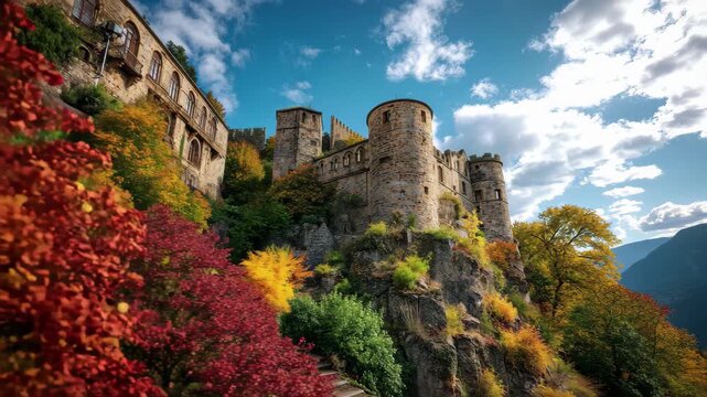Discover Heidelberg Castle ruins nestled on a scenic hillside in autumn colors, 4k high quality footage