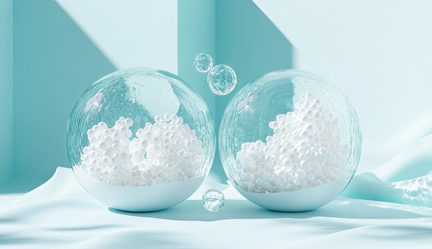 Two large shimmering white glittery spheres glowing softly against a dreamy light blue background