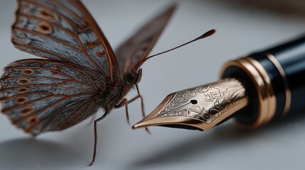Butterfly rests delicately on a fountain pen's nib, showcasing fine details in a close-up setting