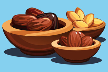 “Fresh Dates in Wooden Bowls Sweet Dried Fruit Food Vector Illustration”