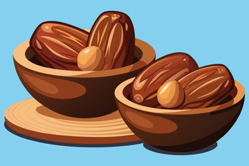 “Fresh Dates in Wooden Bowls Sweet Dried Fruit Food Vector Illustration”