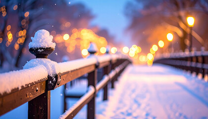 Snow-covered bridge with city lights at dusk