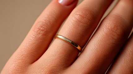 Elegant gold ring resting on a person's finger with soft lighting and a neutral background