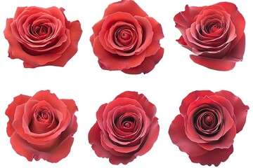 Naklejka premium Six identical, perfectly blooming deep red roses arranged in two rows of three against a clean white background