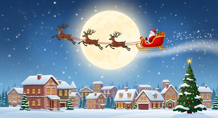 Santa's Night Flight: A festive scene unfolds under a moonlit sky, as Santa Claus joyfully pilots his sleigh, guided by reindeer, over a charming town bedecked in holiday cheer.