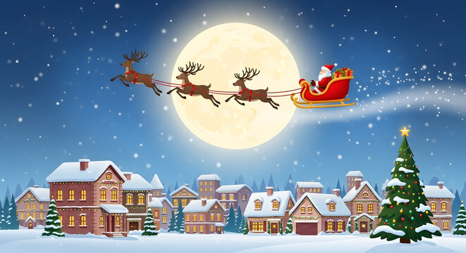 Santa's Night Flight: A festive scene unfolds under a moonlit sky, as Santa Claus joyfully pilots his sleigh, guided by reindeer, over a charming town bedecked in holiday cheer.