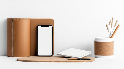 A clean and organized desk arrangement featuring a smartphone, notebook, pens, and decorative items, suggesting productivity and modern design.